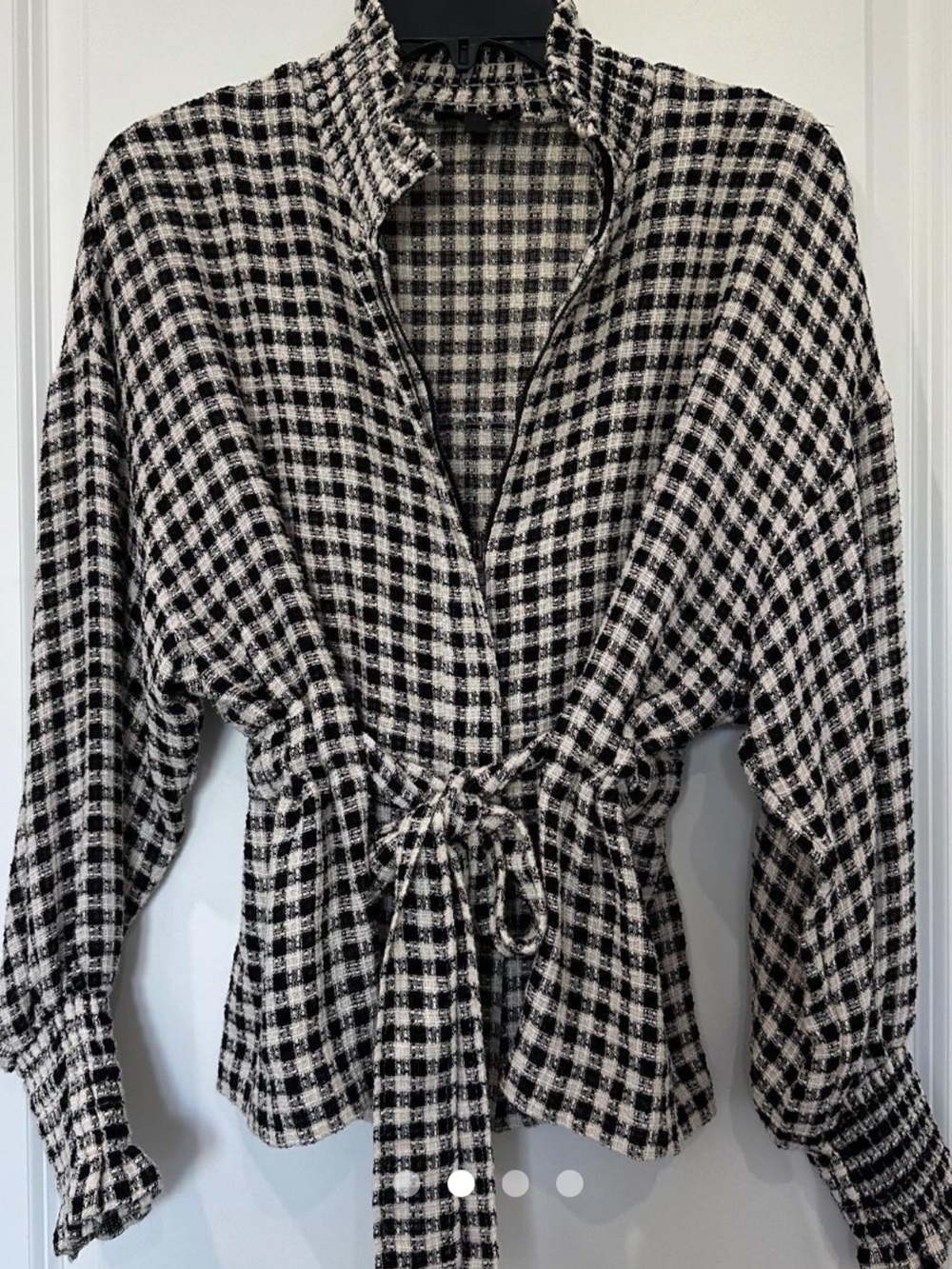 Intermix Gingham Belted Zip-Up Gathered Long-Sleeve Top